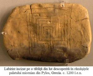 11.1.2.05 Labirint incizat pe o tăbliţă din lut descoperită în rămășițele palatului micenian din Pylos, Grecia. c. 1200 î.e.n.