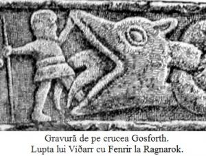 12.3.8.3 Gravură de pe crucea Gosforth. Lupta lui Víðarr cu Fenrir la Ragnarok.