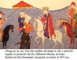 I.19.8.05 Abaqa pe un cal. Fiul său Arghun stă lângă el sub o umbrelă regală, cu propriul său fiu, Mahmud Ghazan, în brațe. Rashid-al-Din Hamadani;